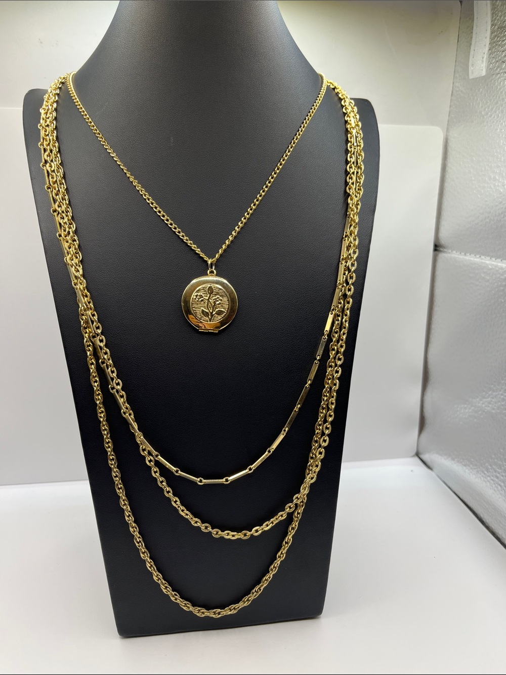 Vintage Locket Multi Strands Necklace with Gold Tone Chains and Floral Design